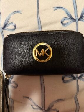 Michael Kors Black Leather Wristlet with Gold MK Emblem